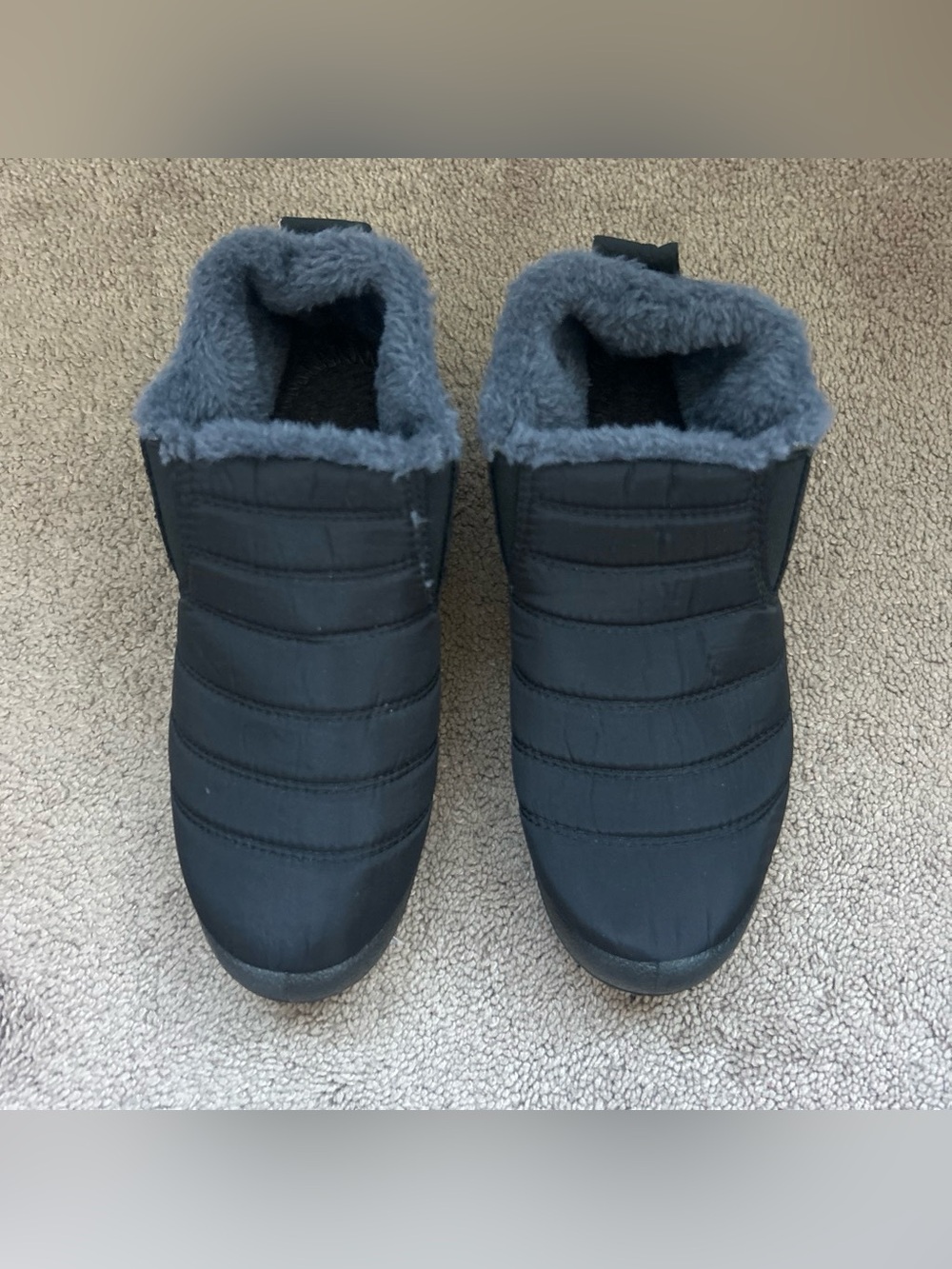 Black Slip-On Quilted Winter Shoes with Grey Faux Fur Lining